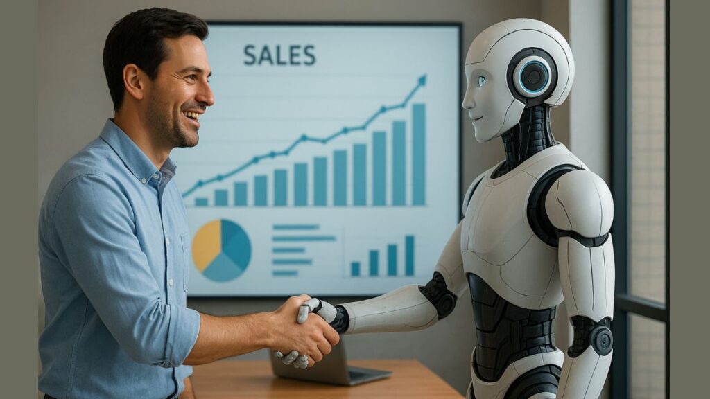 Amazon seller celebrating sales growth with AI robot teammate