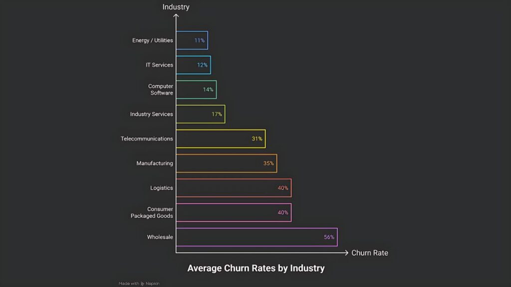 Bar chart comparing average customer churn rates across major industries