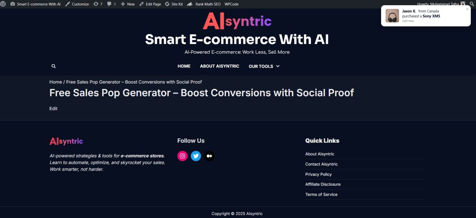 Aisyntric Sales Pop Generator Dashboard