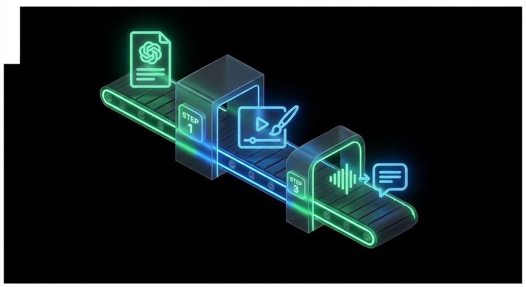 This isometric 3D illustration visually breaks down the three-step process of creating AI UGC: generating the script (ChatGPT), creating the visuals (Canva), and adding the AI voice.