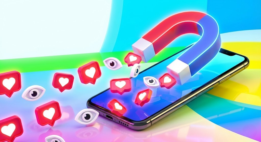 A high-energy, pop-art style social media card designed for maximum click-through rate. It features a "Traffic Magnet" pulling likes and views into a smartphone, with space for your article title.