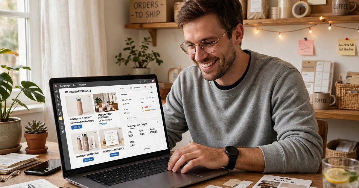 Smiling male ecommerce store owner reviewing ad creative variants on a laptop in his home office