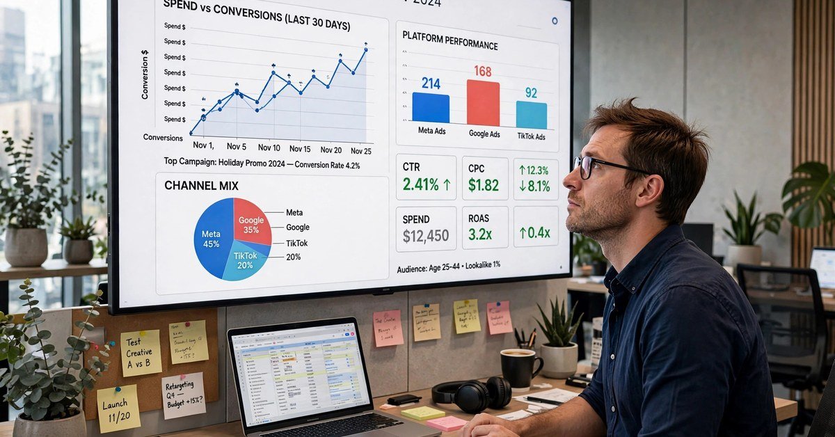 Male data analyst studying ad spend and conversion charts on a large office screen