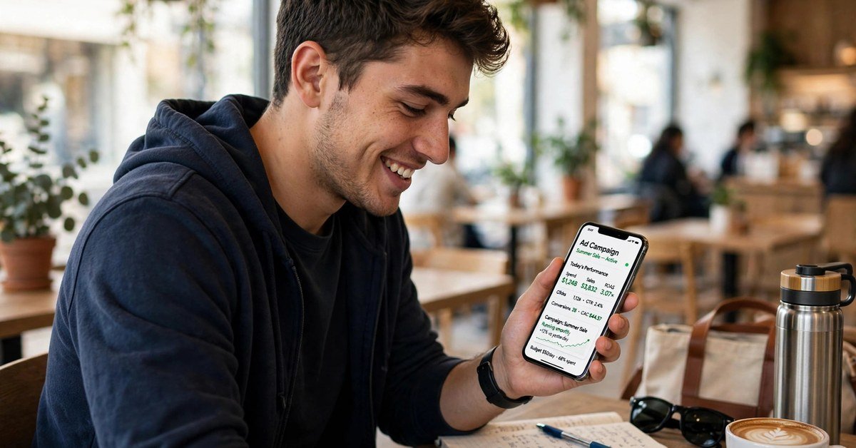 Young male entrepreneur smiling while checking his online store's ad campaign results on a phone in a cafe
