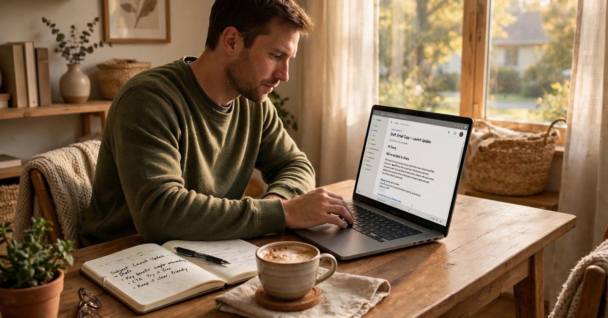 Man writing email copy on a laptop at a cozy home office desk