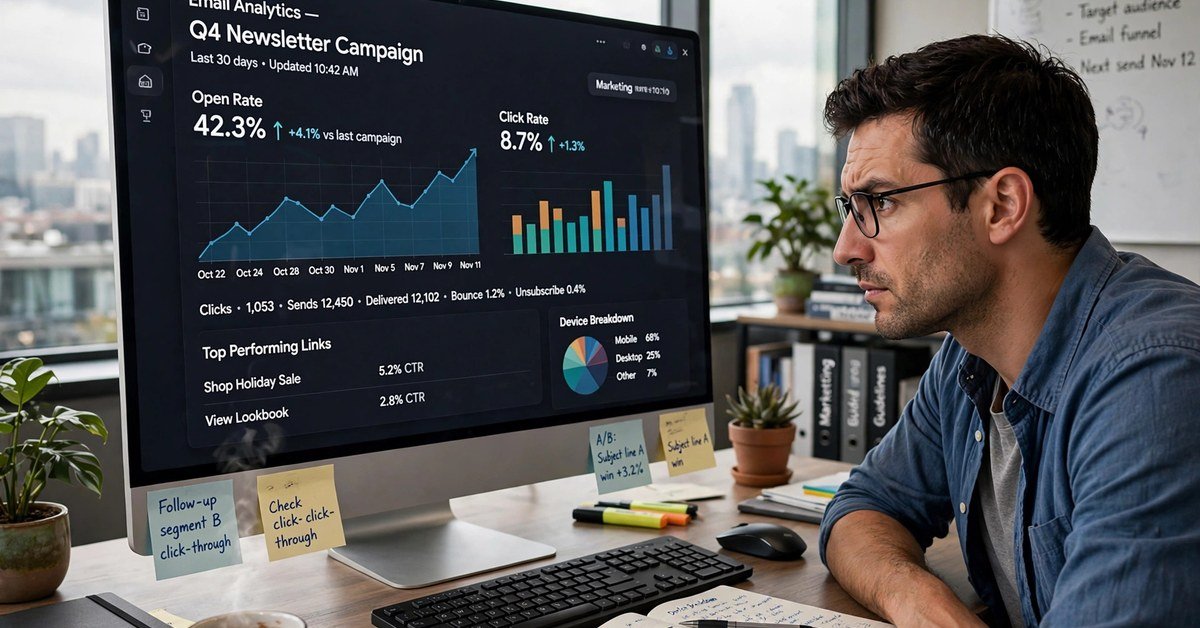 Male marketer reviewing email analytics and open rates on a large monitor
