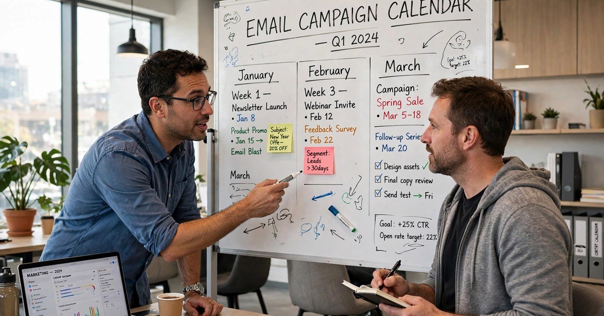 Two men planning an email campaign calendar on a whiteboard