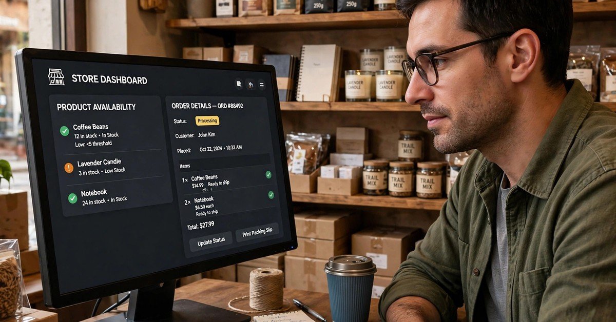 A man checking product availability and order details on a store dashboard