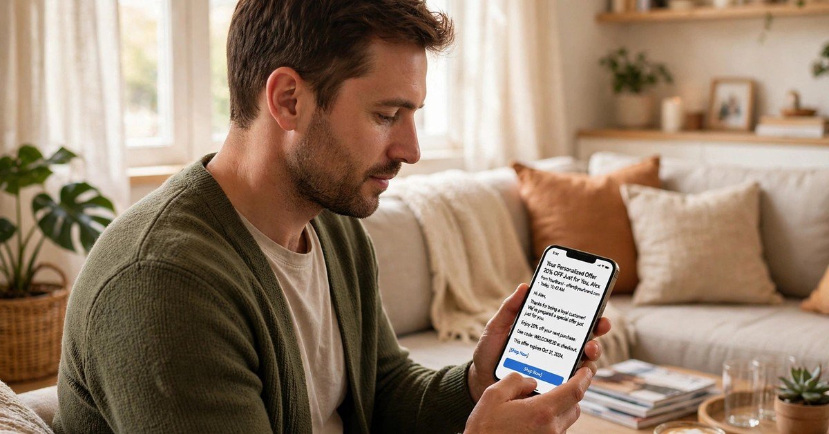 A man reading a personalized offer email on his phone while sitting in a bright living room