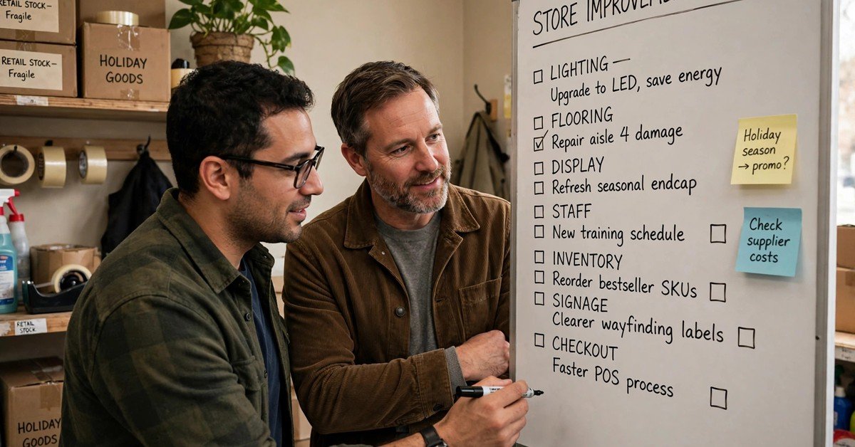 A man planning a store improvement checklist on a whiteboard with a colleague