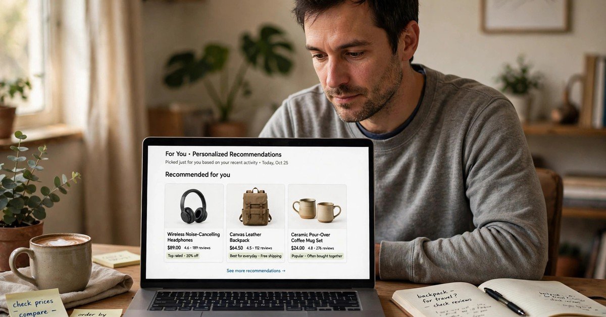 Man viewing personalized product recommendations on a laptop