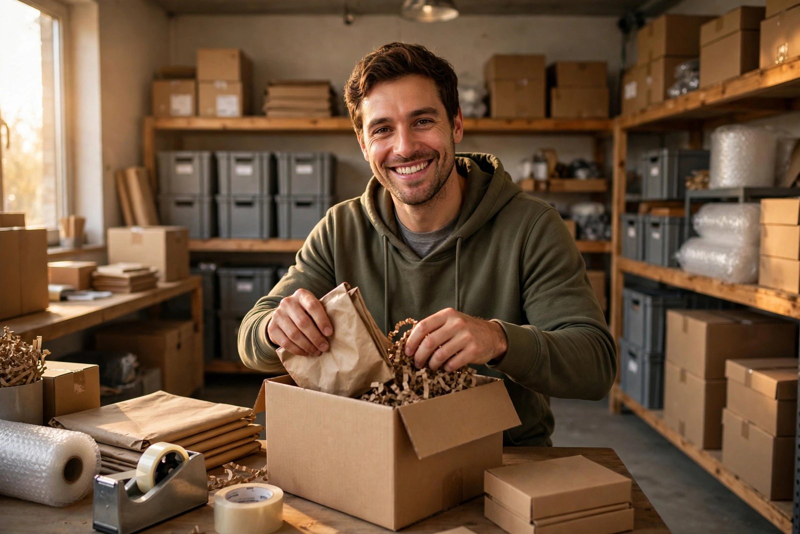 Man packing an order on time thanks to accurate stock from ai inventory management software