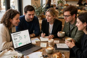 Ecommerce team meeting with marketing agency reviewing campaign results