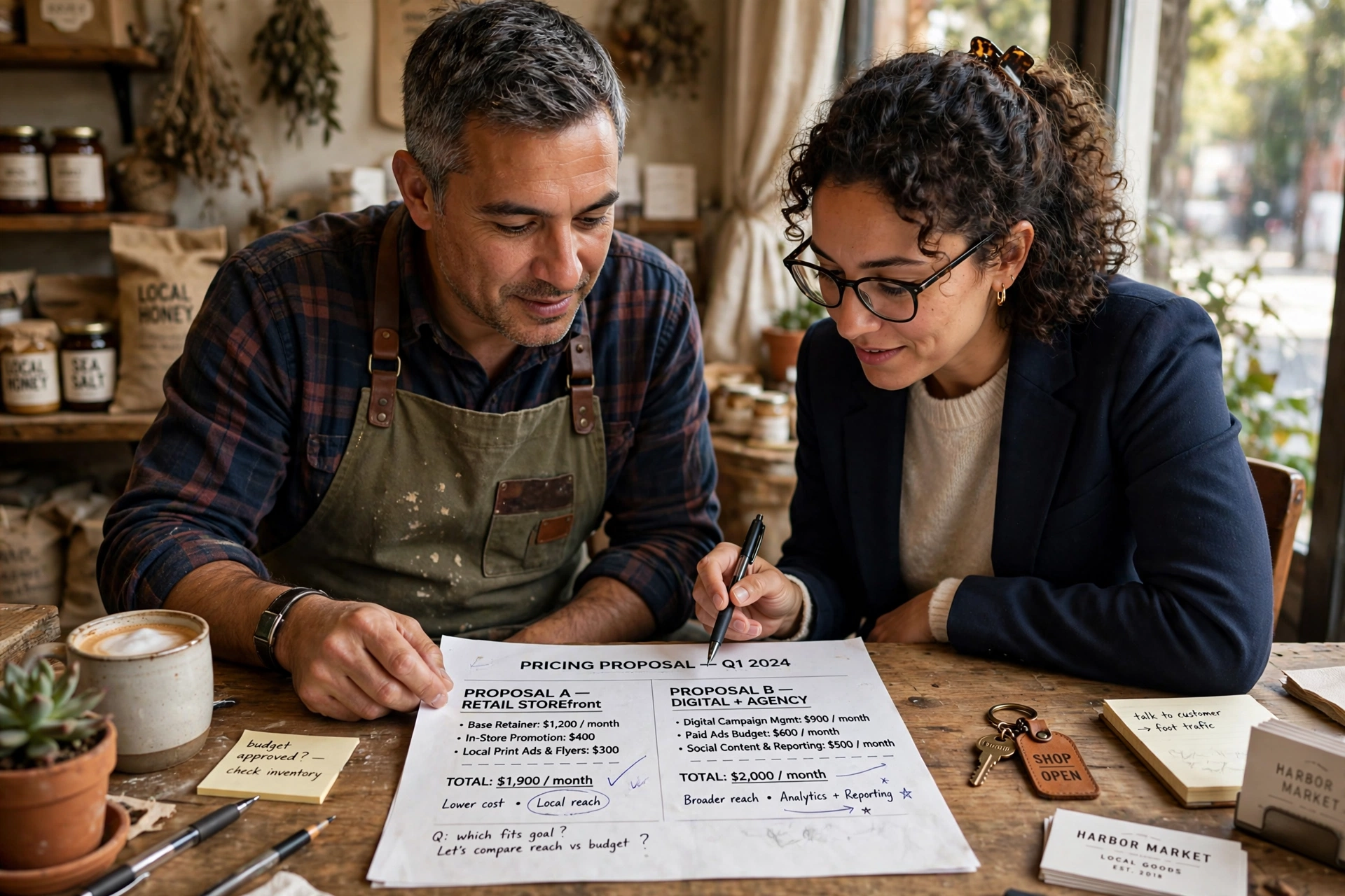 Store owner and agency strategist comparing pricing proposals
