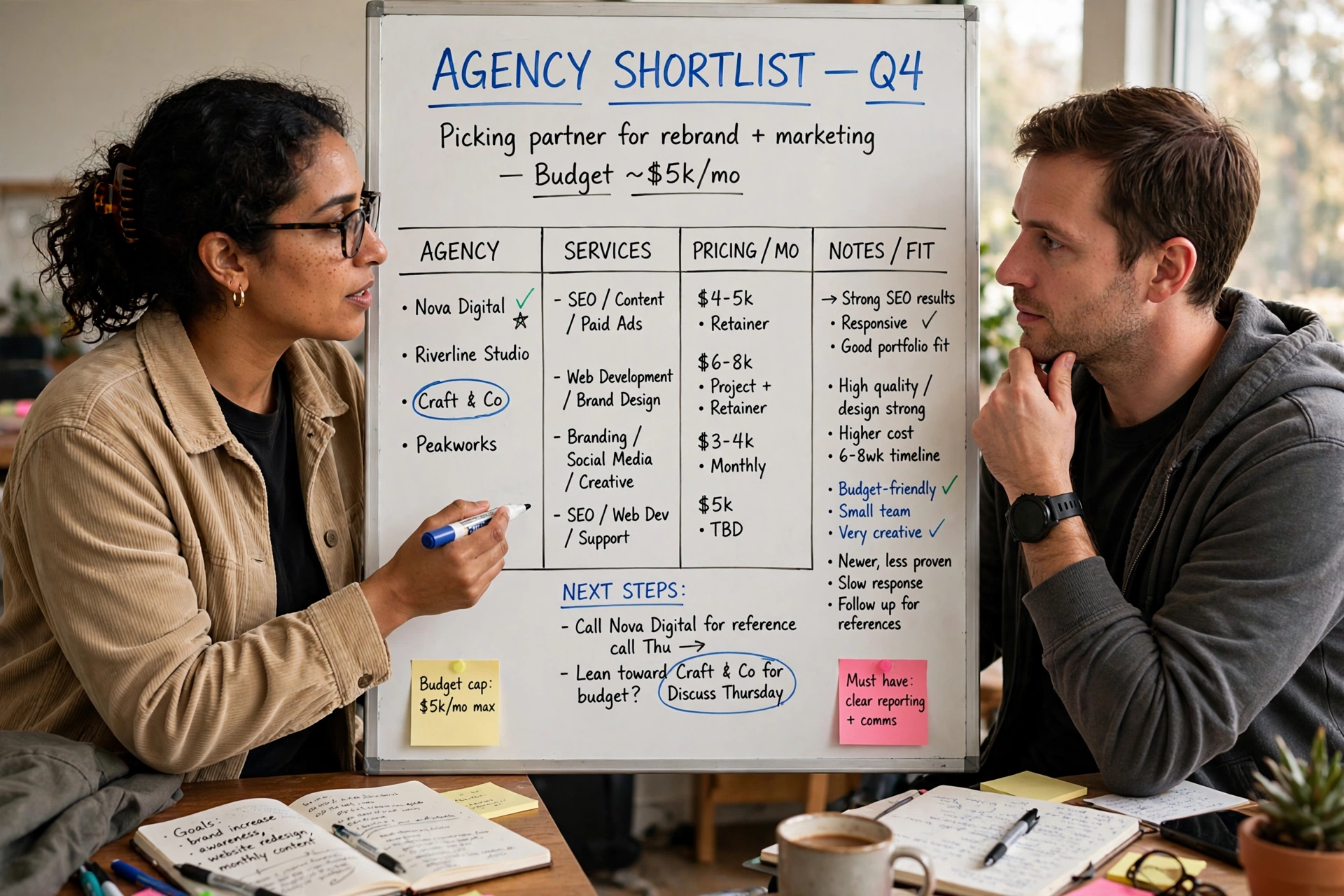 Two founders reviewing agency shortlist on whiteboard