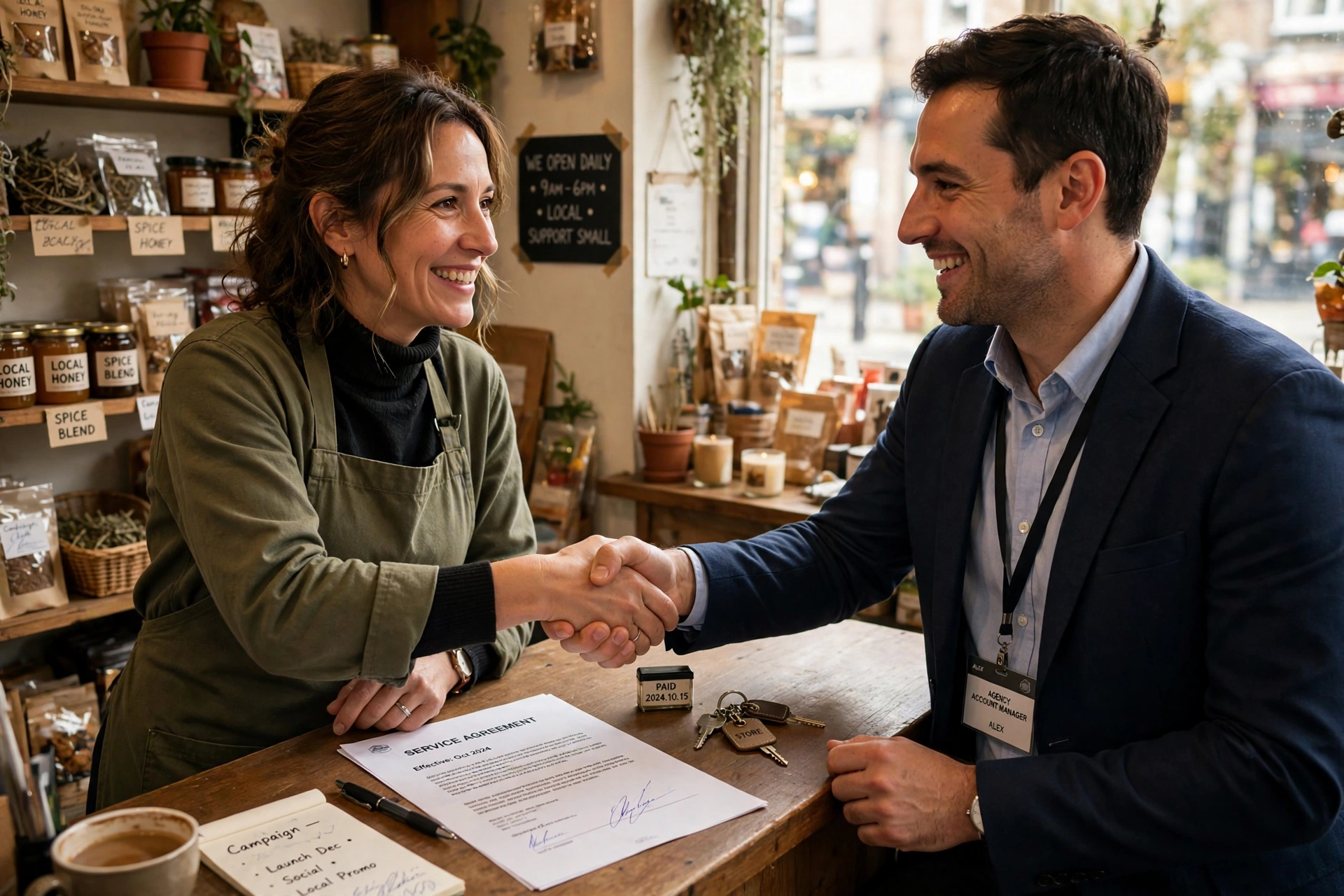 Store owner shaking hands with agency account manager after signing agreement