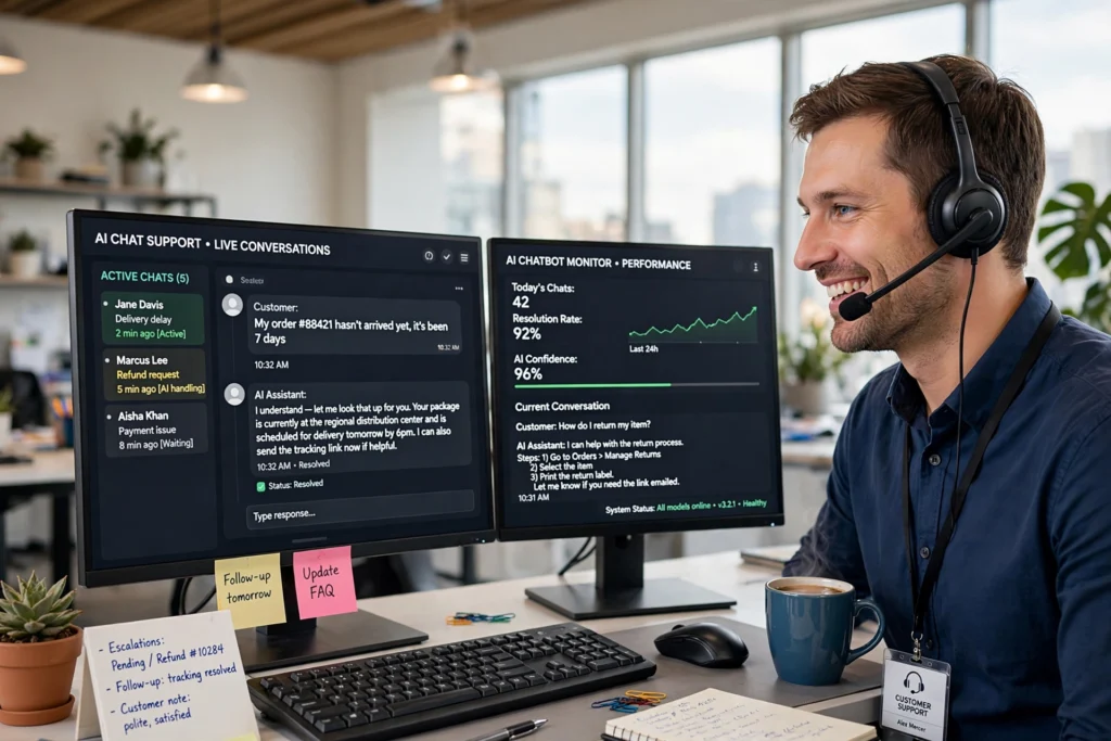 Male support agent monitoring AI chatbot chats for an online store