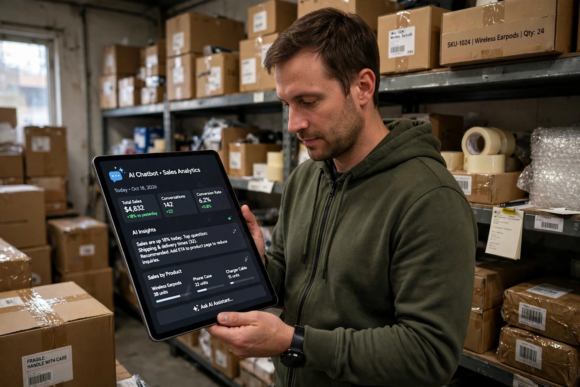 Store owner checking AI chatbot sales analytics on a tablet