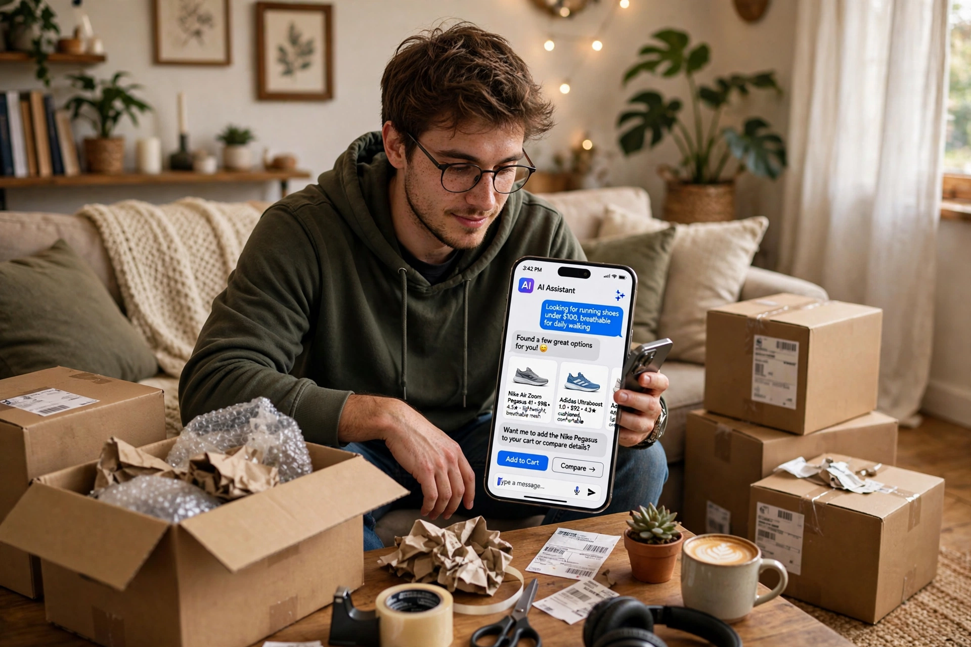 Shopper chatting with an AI chatbot on his phone while shopping online