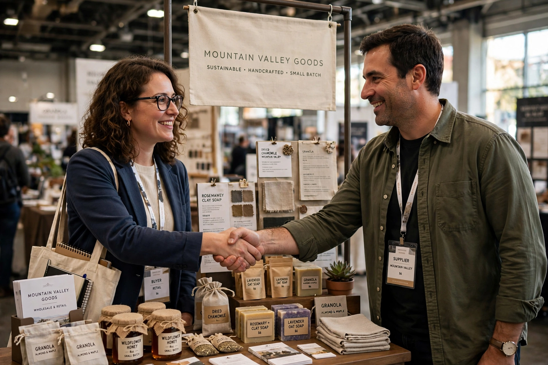 Buyer and supplier shaking hands at trade show booth