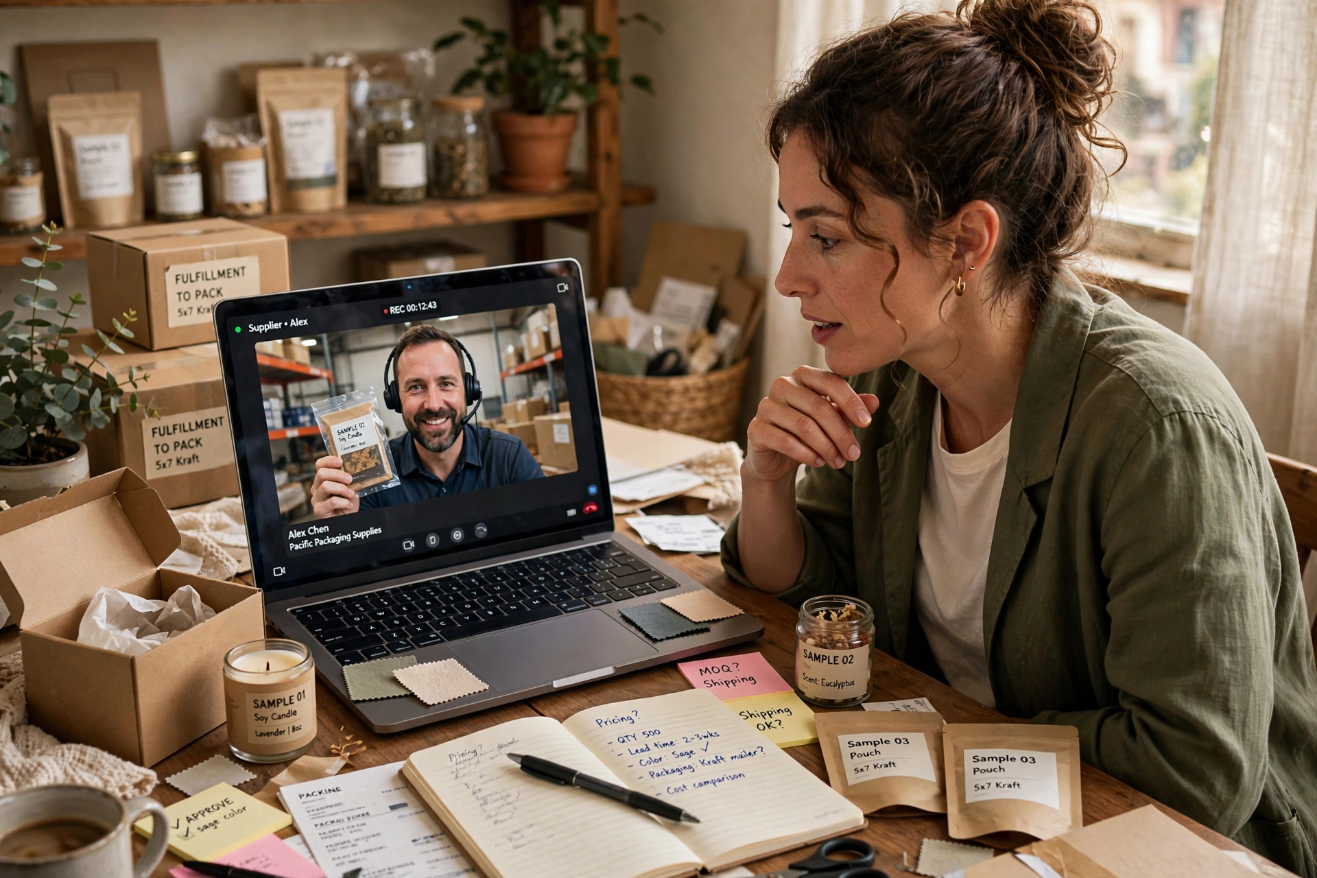 Small business owner video-calling supplier to review product samples