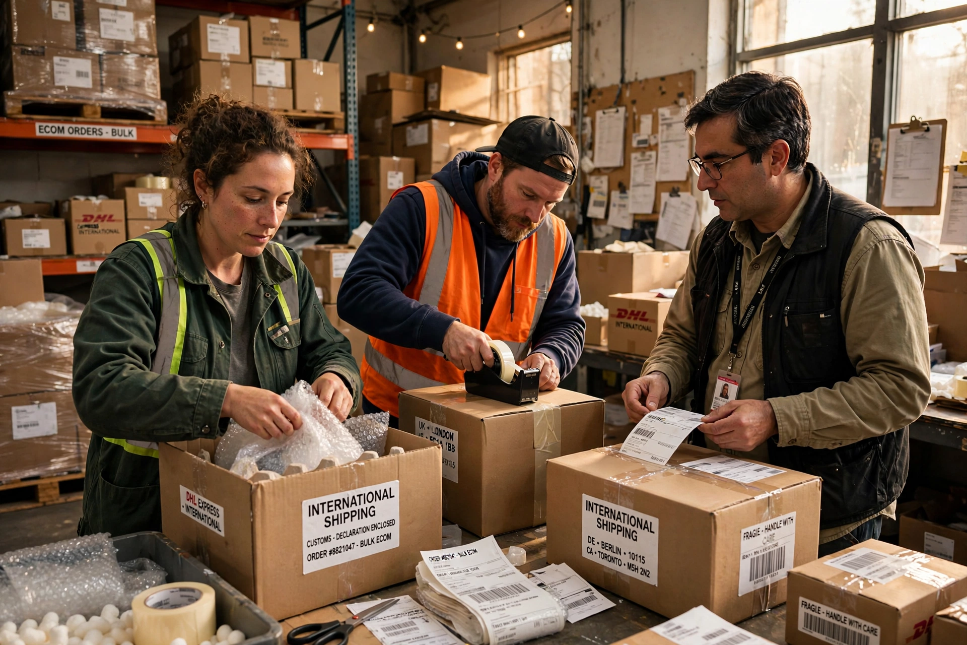 Warehouse workers packing bulk ecommerce orders for international shipping