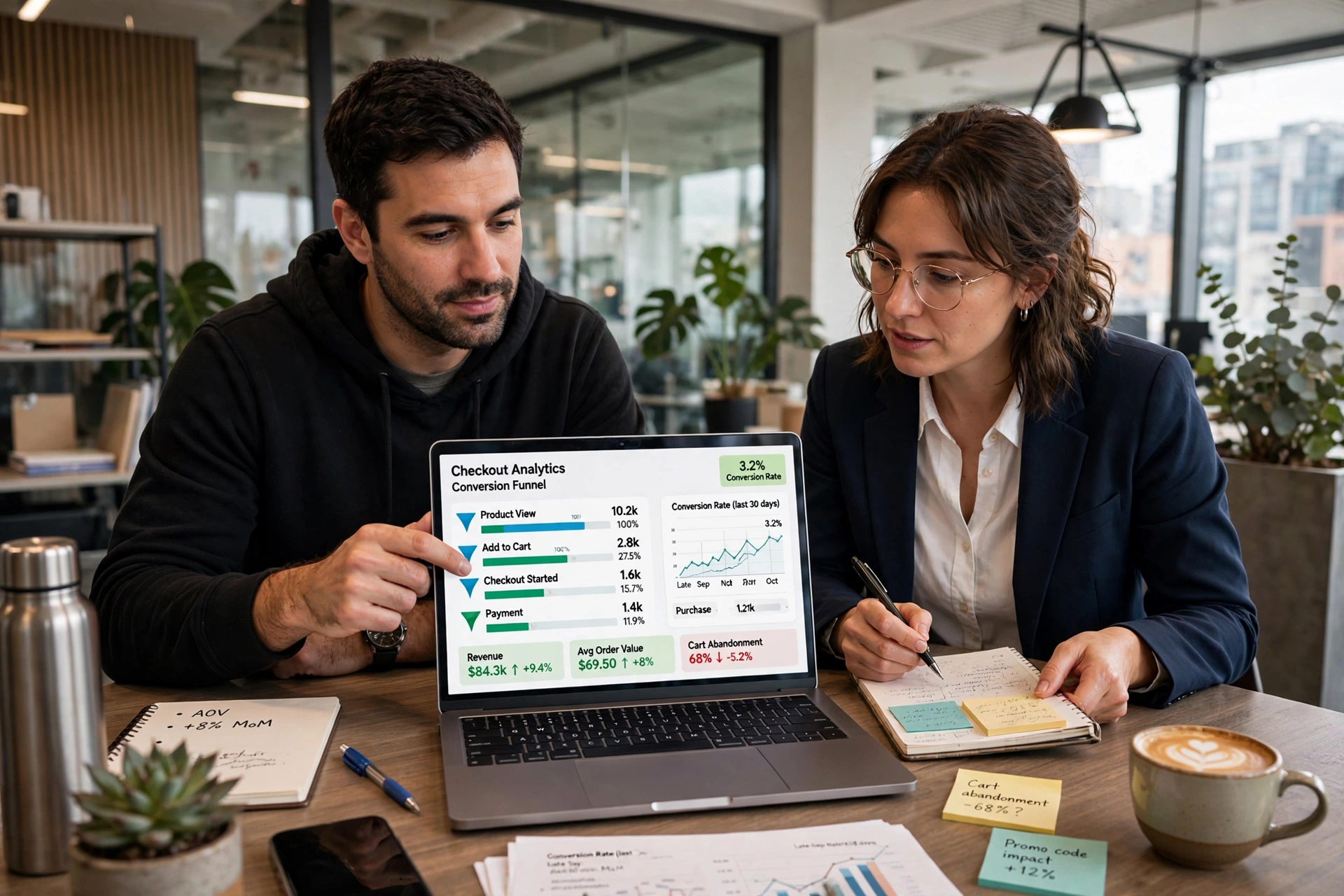 Ecommerce founder reviewing checkout analytics with a colleague