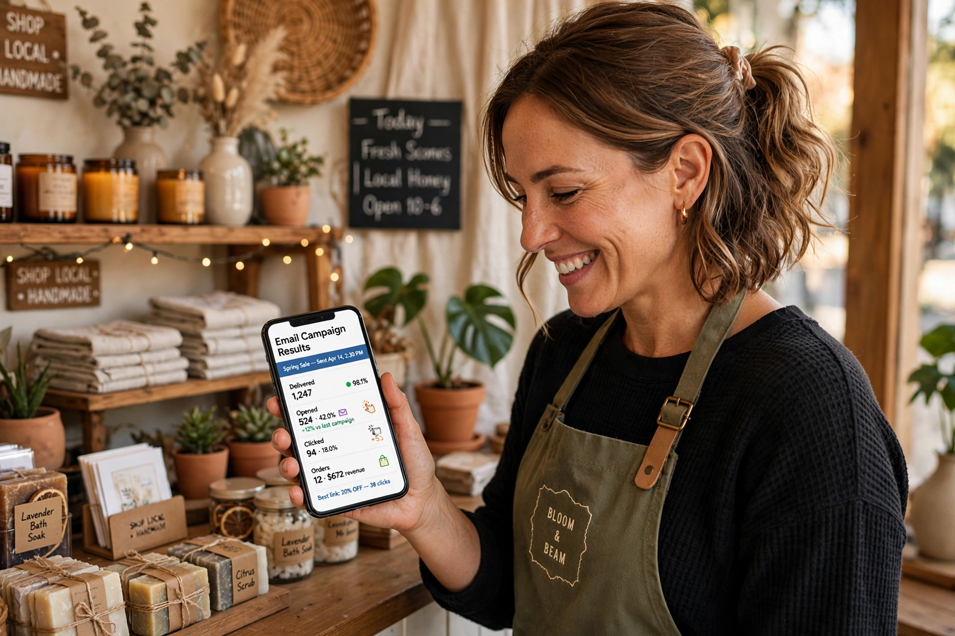 Store owner checking email campaign results on her phone
