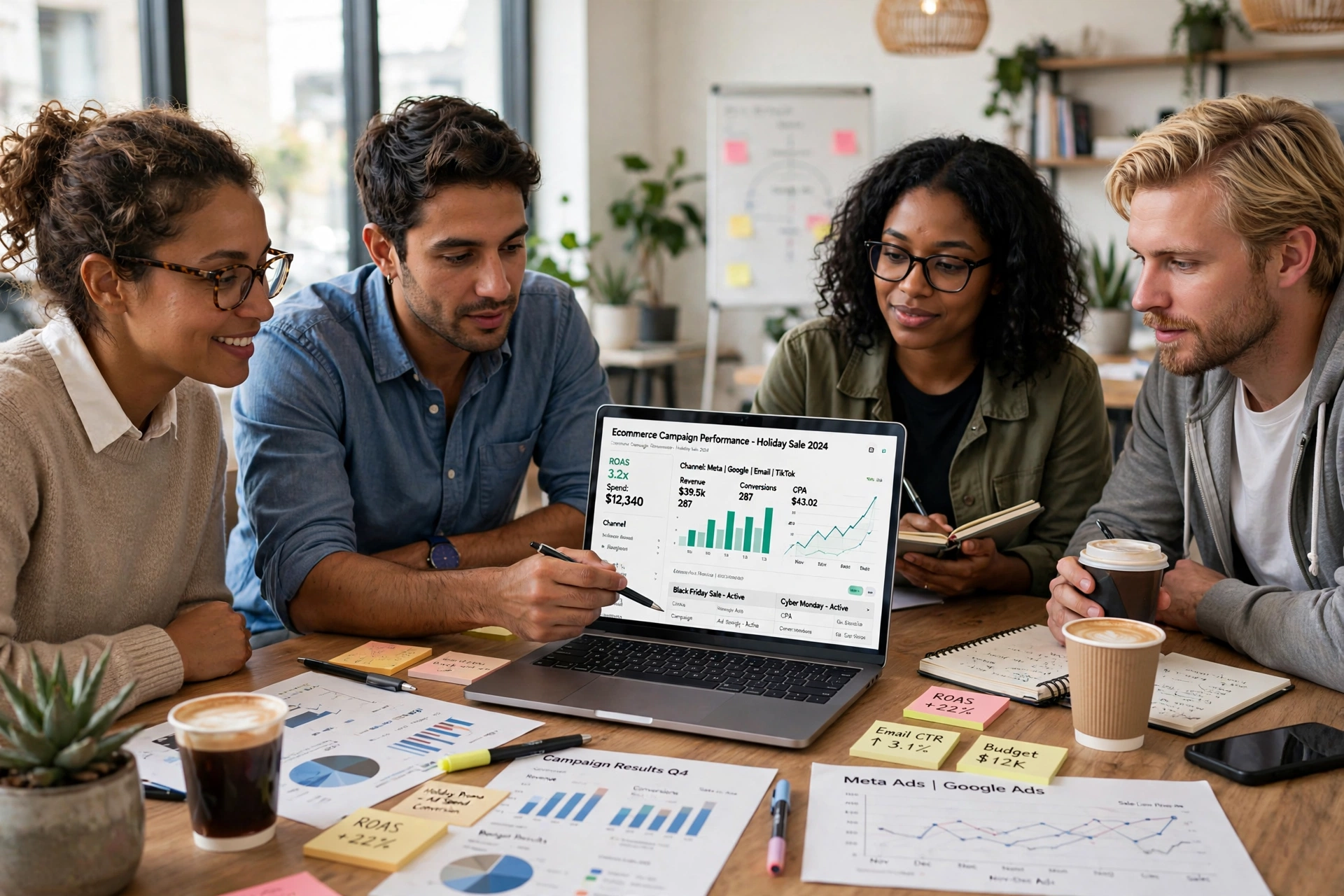 Ecommerce marketing team reviewing campaign results together