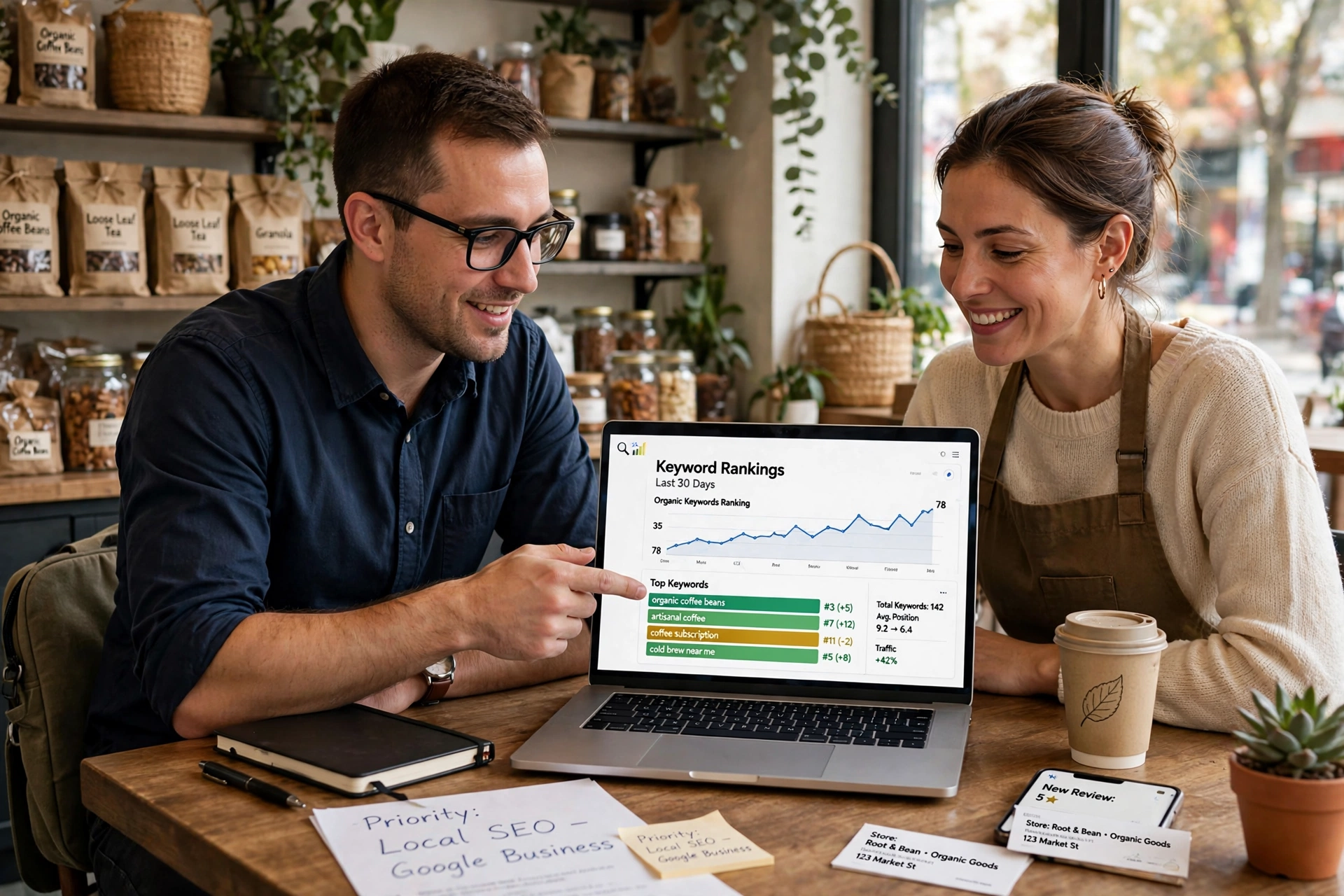 SEO specialist reviewing keyword rankings with a store owner