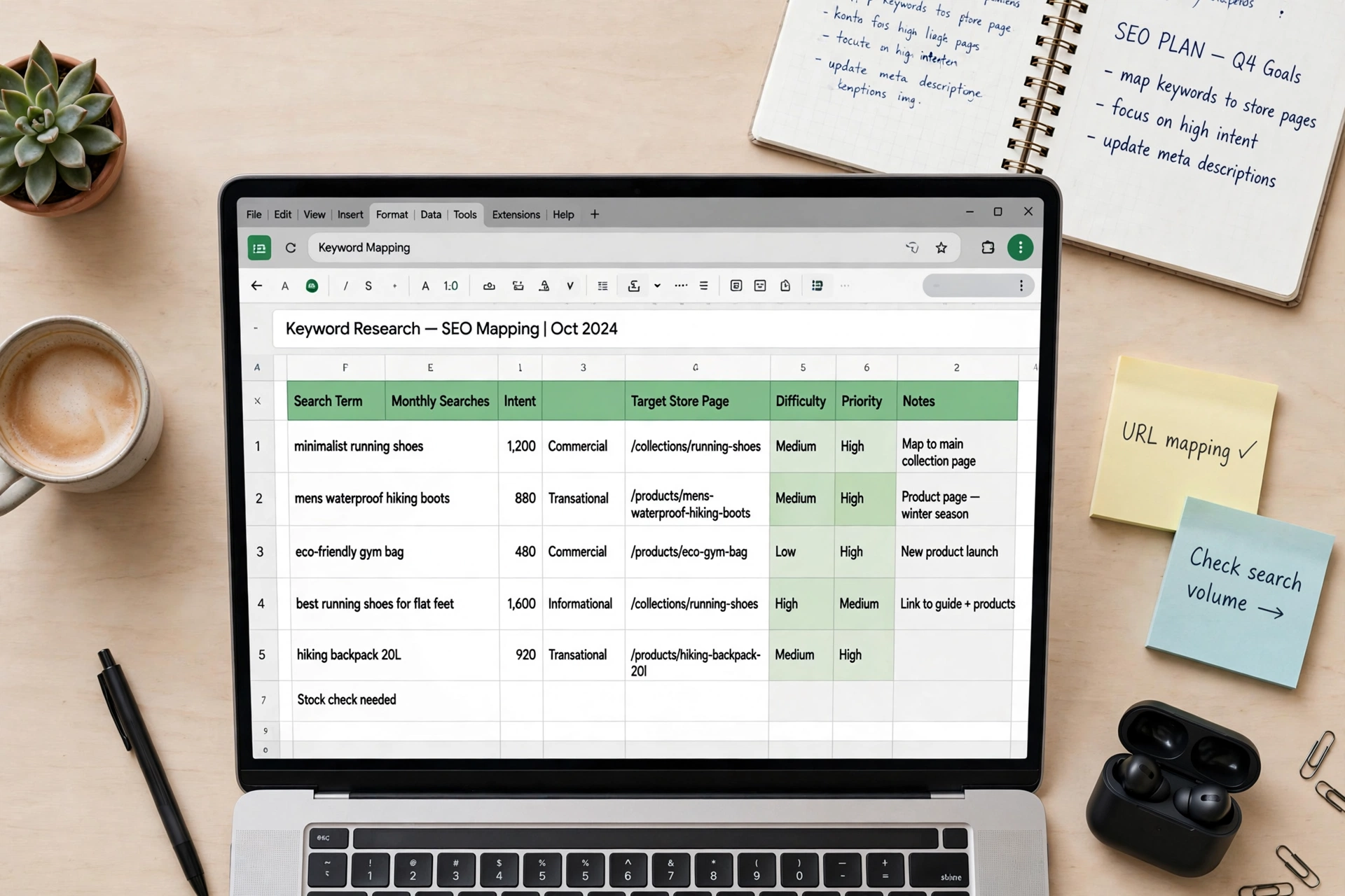 Keyword research spreadsheet mapping search terms to store pages
