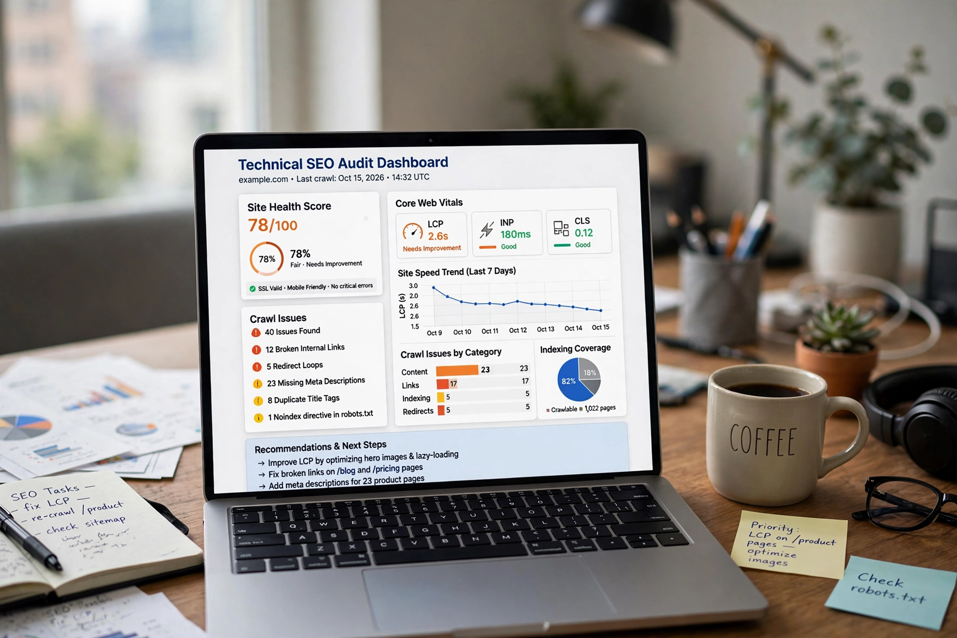 Technical SEO audit dashboard showing site speed and crawl issues