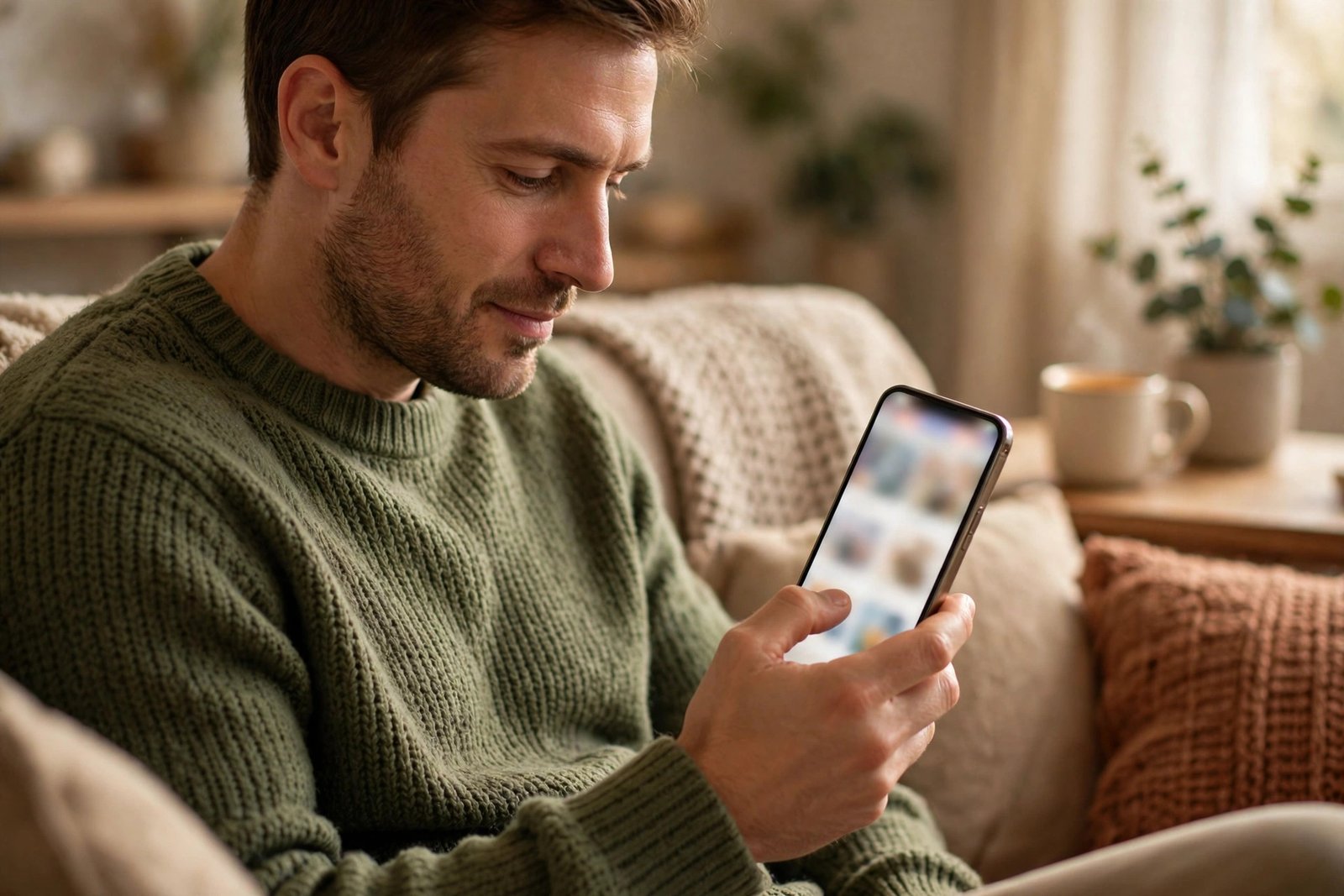 Man browsing 'you may also like' product suggestions on his phone while shopping online