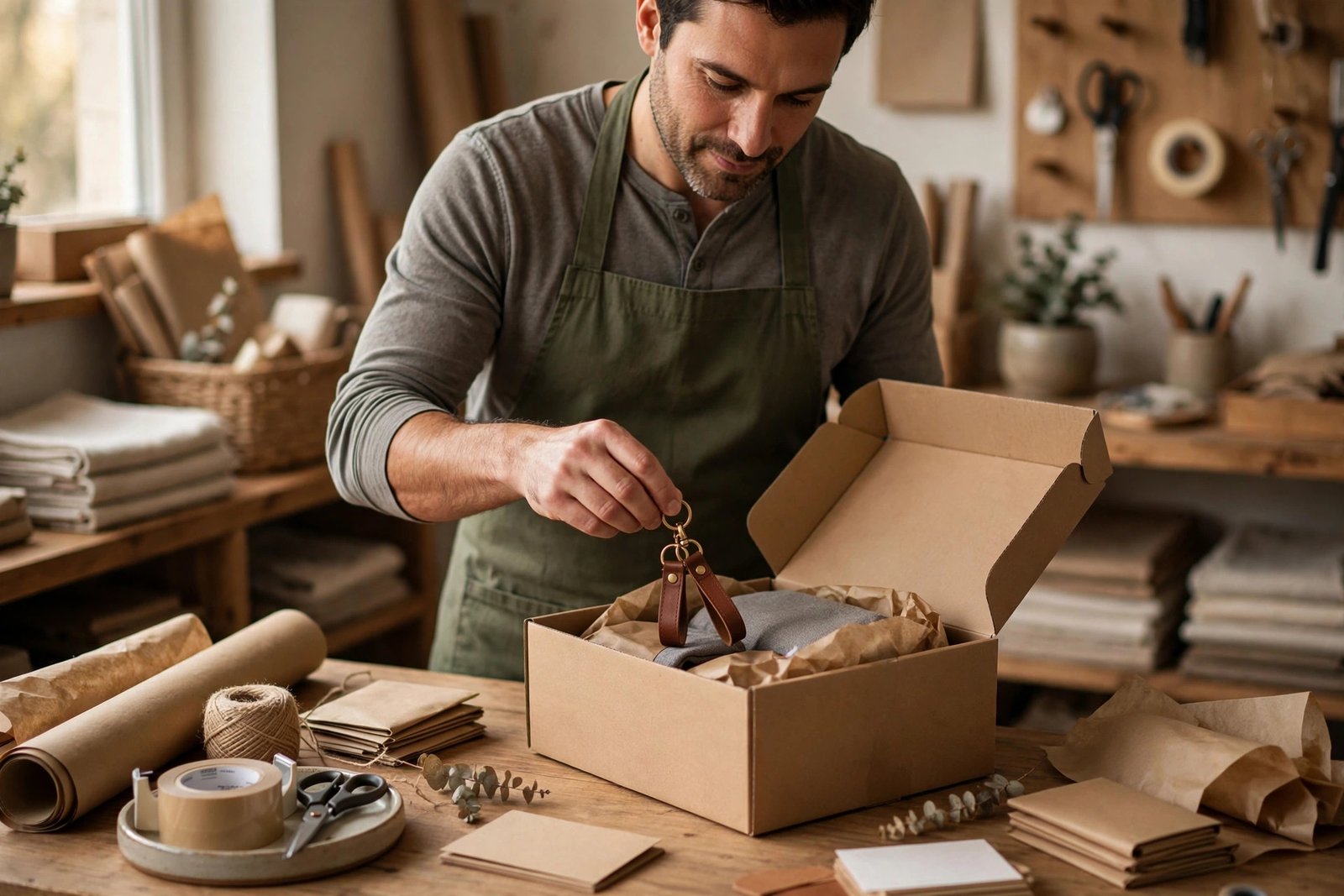 Man packing an online order with a complementary product added for the customer