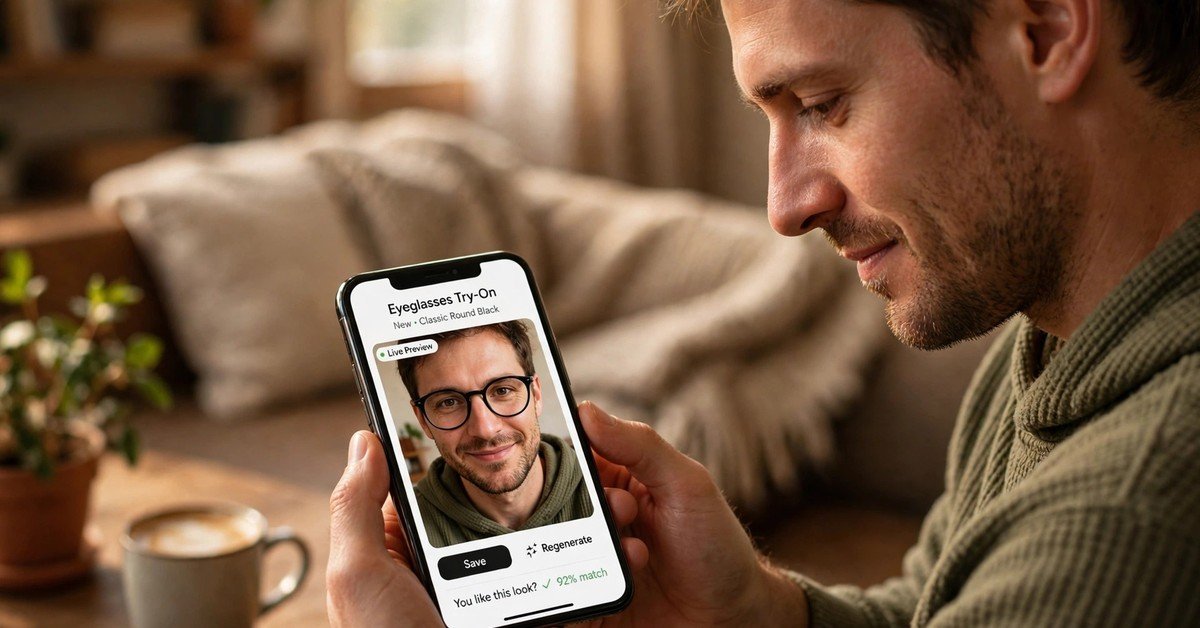 Man checking how new eyeglasses look on his face on a phone screen