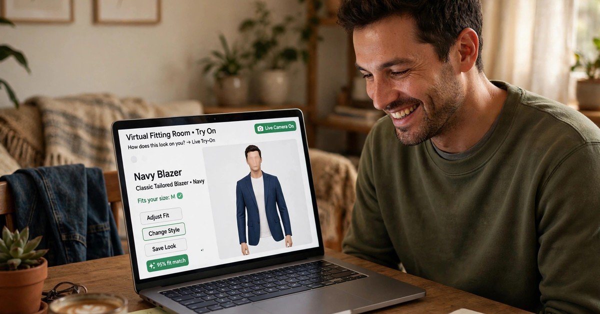 Man smiling while testing a virtual fitting room on a laptop at home