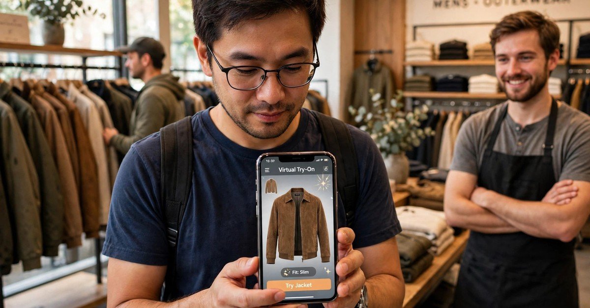 Man previewing a virtual try on jacket on his phone in a clothing store